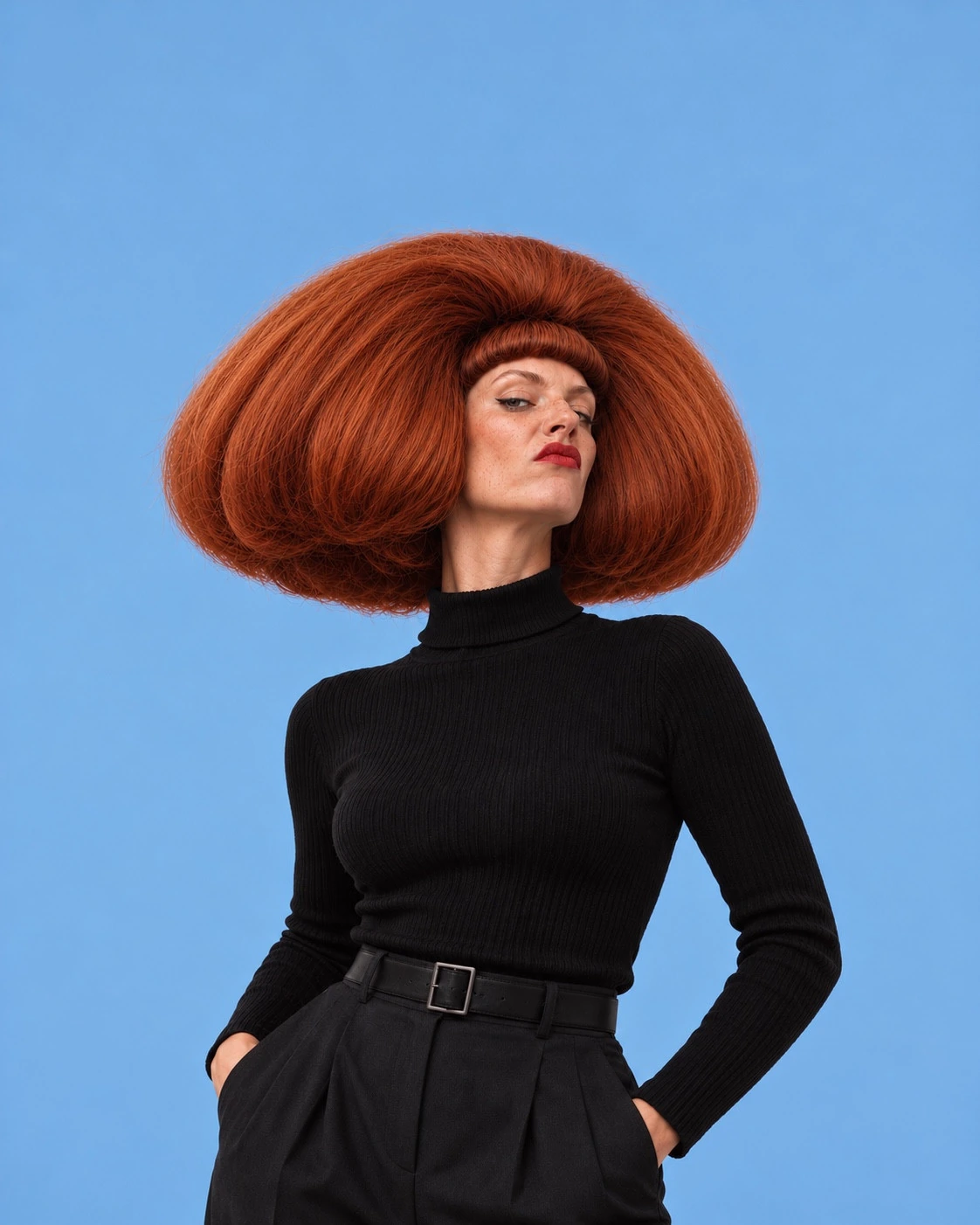 Mona Vex, a fictional AI comedian with an enormous copper bob, red lipstick and a black turtleneck